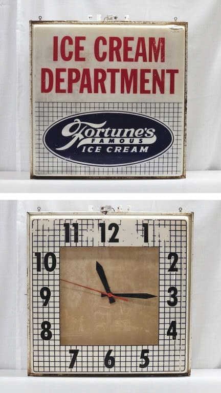 Large Fortune's Ice Cream 2-Side Light Clock Sign: IMPORTANT NOTE: Please be advised that we offer reasonably priced ?in-house shipping,? but you must select ?Arrange My Own Shipping? as part of your post-auction invoice options. Very rare large Fortu