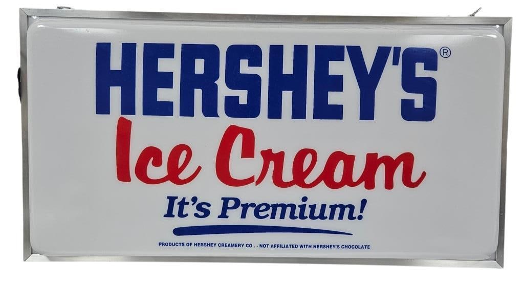 Hershey's Ice Cream 2-Side Lighted Sign: IMPORTANT NOTE: Please be advised that we offer reasonably priced in-house shipping, but you must select Arrange My Own Shipping as part of your post-auction invoice options. Hershey's "It's Premium"