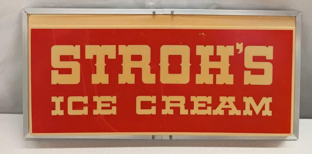 1983 Stroh's Ice Cream Lighted Advertising Sign: IMPORTANT NOTE: Please be advised that we offer reasonably priced in-house shipping, but you must select Arrange My Own Shipping as part of your post-auction invoice options. Stroh's Ice Cream