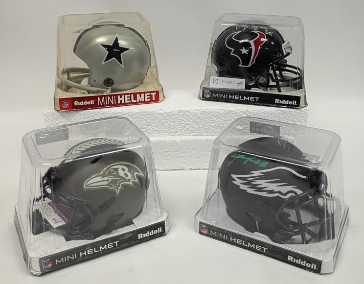 Four NFL Player Signed Mini-Helmets w/ Cert: IMPORTANT NOTE: Please be advised that we offer reasonably priced in-house shipping, but you must select Arrange My Own Shipping as part of your post-auction invoice options. Four autographed NFL
