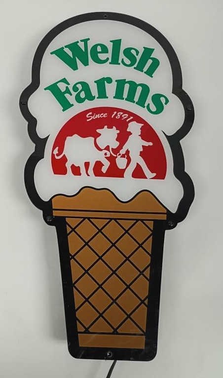 Welsh Farms Ice Cream Cone Light Sign: IMPORTANT NOTE: Please be advised that we offer reasonably priced in-house shipping, but you must select Arrange My Own Shipping as part of your post-auction invoice options. Welsh Farms Ice Cream
