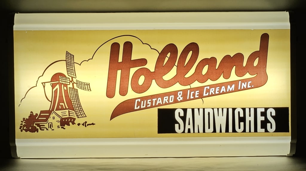 Vintage Holland Custard Ice Cream Sandwiches Sign: IMPORTANT NOTE: Please be advised that we offer reasonably priced in-house shipping, but you must select Arrange My Own Shipping as part of your post-auction invoice options. Rare mid-century Holland