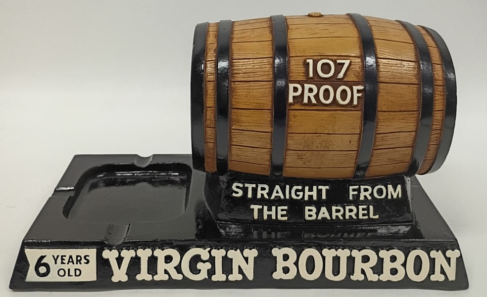 Virgin Bourbon Chalkware Barrel Ashtray Display: IMPORTANT NOTE: Please be advised that we offer reasonably priced in-house shipping, but you must select Arrange My Own Shipping as part of your post-auction invoice options. Virgin Bourbon 107 Proof