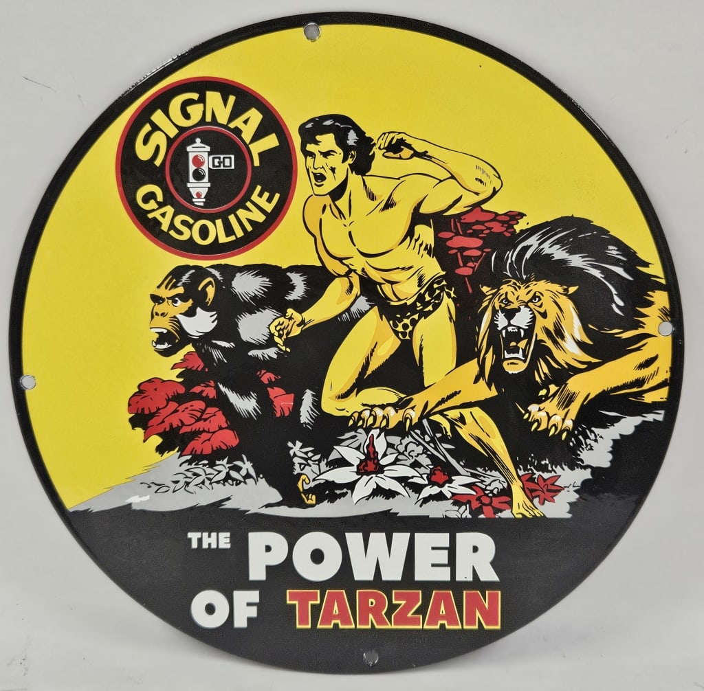 Contemporary 12" Signal Gasoline Enamel Sign: IMPORTANT NOTE: Please be advised that we offer reasonably priced in-house shipping, but you must select Arrange My Own Shipping as part of your post-auction invoice options. Contemporary 12" gas