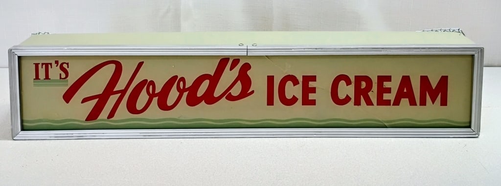 Retro Hood's Ice Cream Lighted Sign: IMPORTANT NOTE: Please be advised that we offer reasonably priced in-house shipping, but you must select Arrange My Own Shipping as part of your post-auction invoice options. Retro-style "It's Hood's