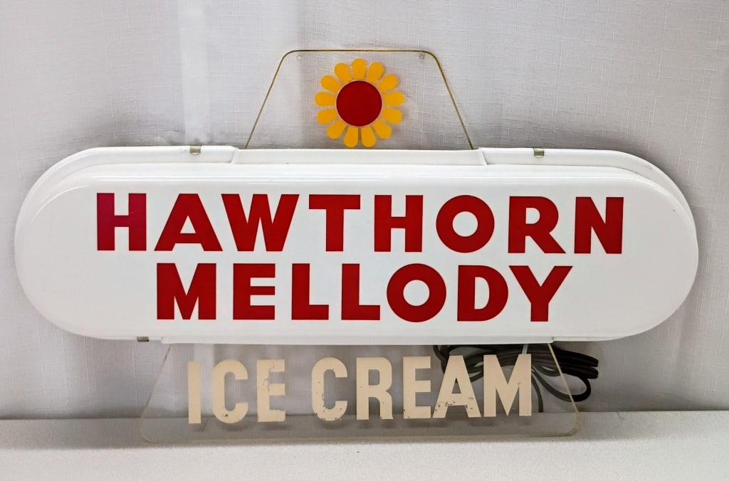 Hawthorn Mellody Ice Cream Lighted Sign: IMPORTANT NOTE: Please be advised that we offer reasonably priced in-house shipping, but you must select Arrange My Own Shipping as part of your post-auction invoice options. Hawthorn Mellody Ice Crea