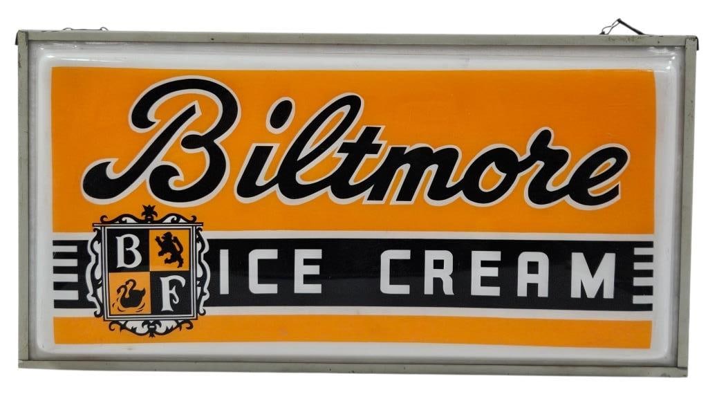 Rare Vintage Biltmore Ice Cream 2-Side Light Sign: IMPORTANT NOTE: Please be advised that we offer reasonably priced in-house shipping, but you must select Arrange My Own Shipping as part of your post-auction invoice options. Rare vintage Biltmore