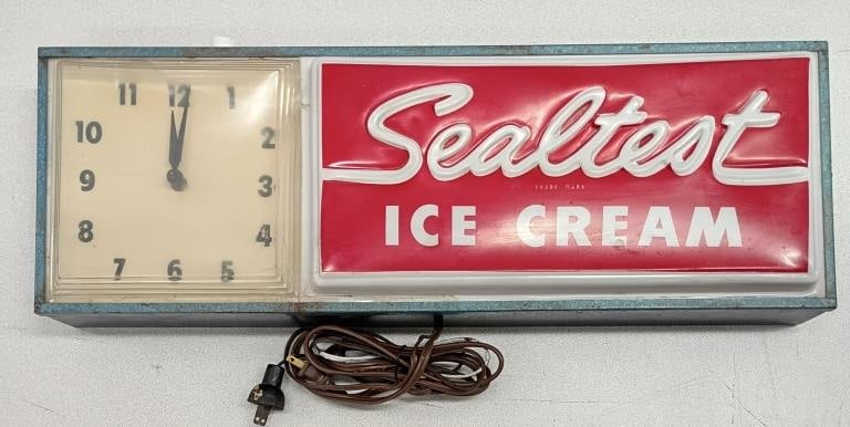 Rare Vintage Sealtest Ice Cream Lighted Clock Sign: IMPORTANT NOTE: Please be advised that we offer reasonably priced in-house shipping, but you must select Arrange My Own Shipping as part of your post-auction invoice options. Rare vintage circa 1950s