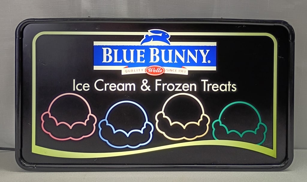 Blue Bunny Ice Cream Lighted Advertising Sign: IMPORTANT NOTE: Please be advised that we offer reasonably priced in-house shipping, but you must select Arrange My Own Shipping as part of your post-auction invoice options. Lighted Blue Bunny Ice
