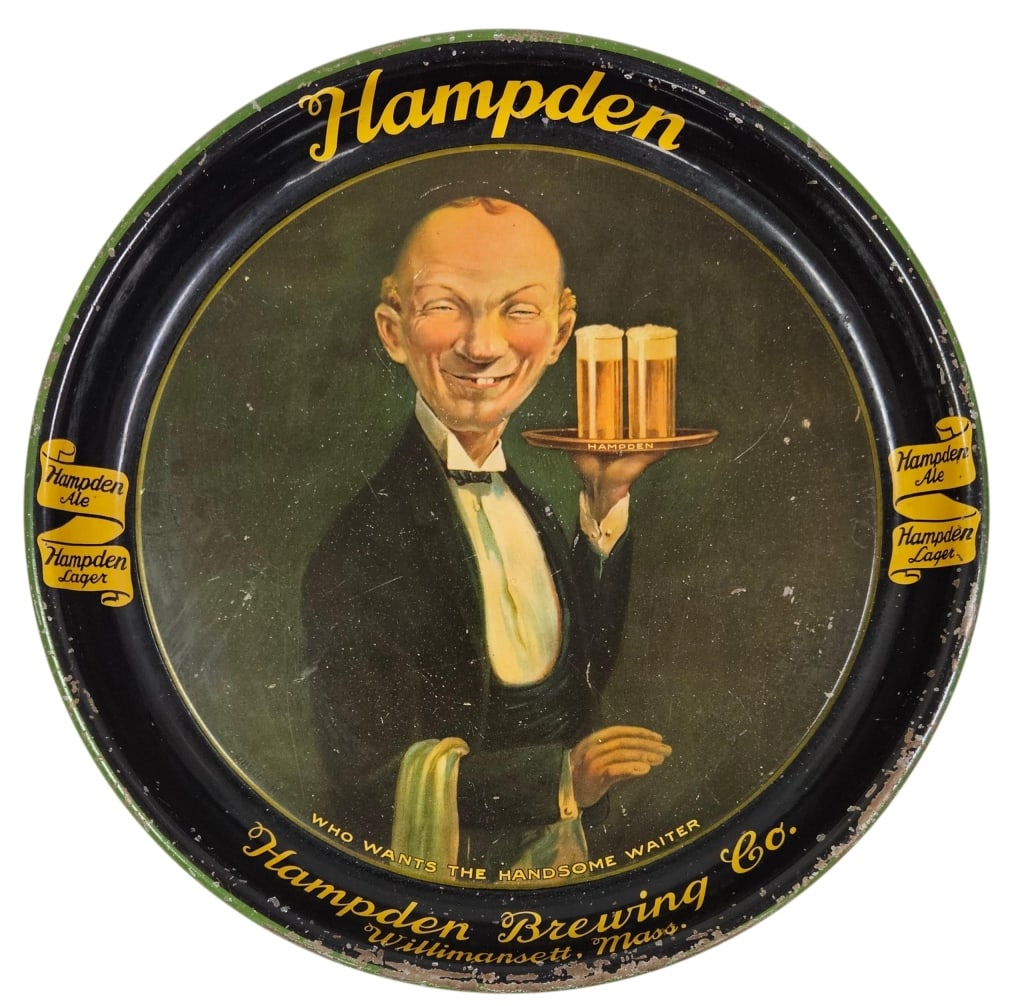 1930s Hampden Ale Lager Handsome Waiter Litho Tray: IMPORTANT NOTE: Please be advised that we offer reasonably priced in-house shipping, but you must select Arrange My Own Shipping as part of your post-auction invoice options. Hampden Brewing Co., Will