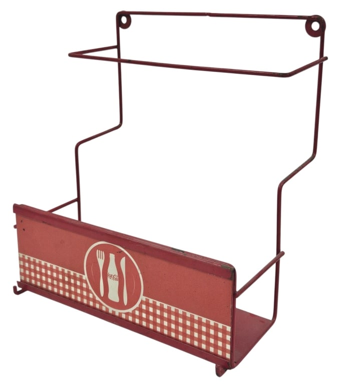 Coca Cola Wall Mount Display Rack: IMPORTANT NOTE: Please be advised that we offer reasonably priced in-house shipping, but you must select Arrange My Own Shipping as part of your post-auction invoice options. Metal wire frame Coca Col