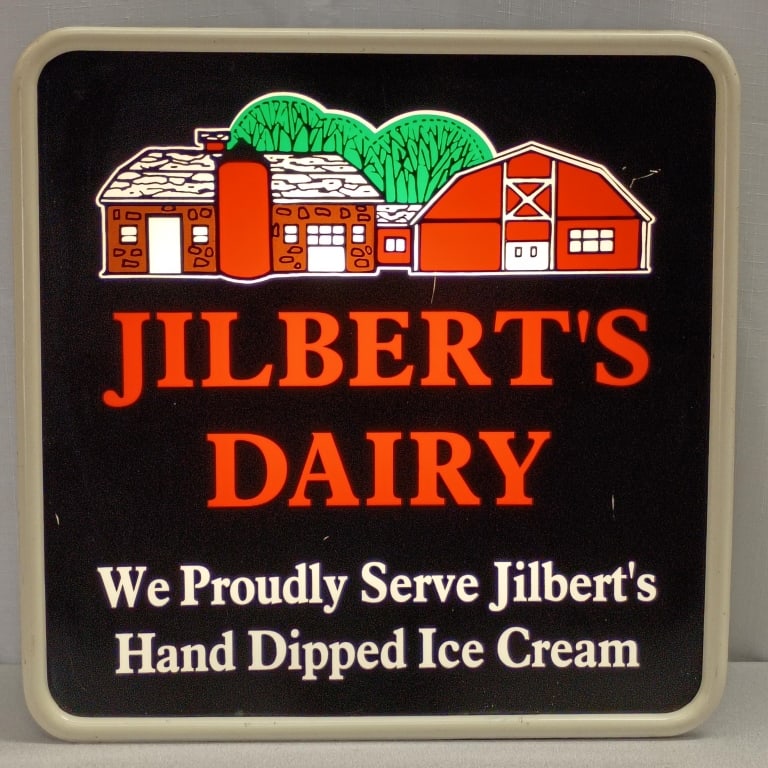 Jilbert's Dairy Ice Cream Lighted Advertising Sign: IMPORTANT NOTE: Please be advised that we offer reasonably priced in-house shipping, but you must select Arrange My Own Shipping as part of your post-auction invoice options. Jilbert's Dairy "We