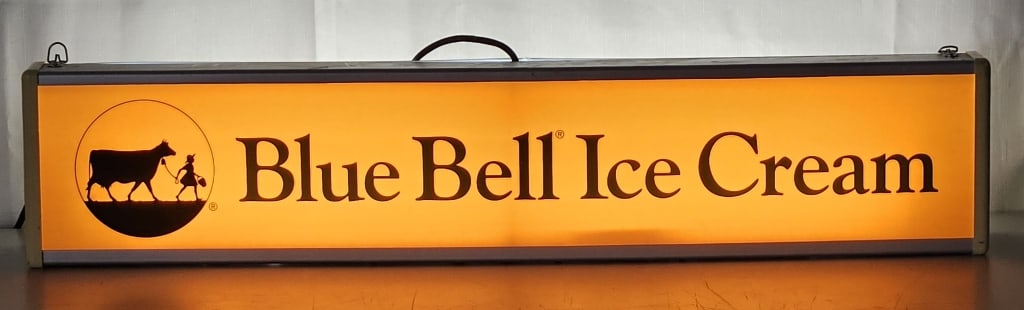 Long Blue Bell Ice Cream Light Up Counter Top Sign: IMPORTANT NOTE: Please be advised that we offer reasonably priced in-house shipping, but you must select Arrange My Own Shipping as part of your post-auction invoice options. Blue Bell Ice Cream light