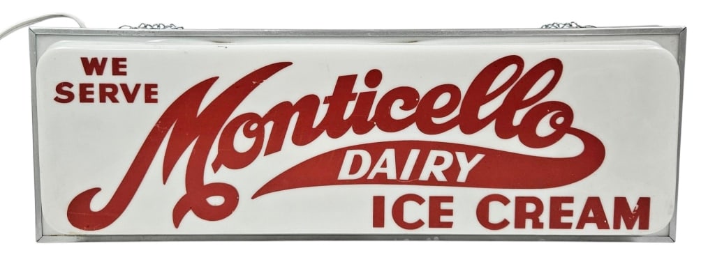Vintage Monticello Dairy Ice Cream 2-Side Light-Up: IMPORTANT NOTE: Please be advised that we offer reasonably priced in-house shipping, but you must select Arrange My Own Shipping as part of your post-auction invoice options. Rare vintage "We Serve"