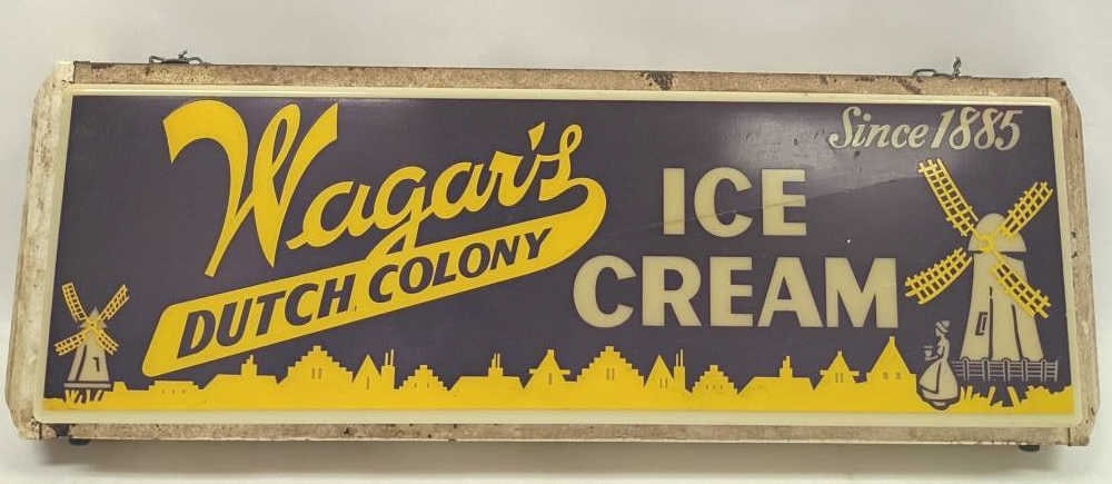 Rare Wagar's Dutch Colony Ice Cream Light Sign: IMPORTANT NOTE: Please be advised that we offer reasonably priced in-house shipping, but you must select Arrange My Own Shipping as part of your post-auction invoice options. Very rare vintage Wagar's
