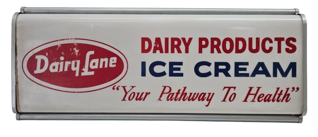 Large Vintage Dairy Lane Ice Cream Lighted Sign: IMPORTANT NOTE: Please be advised that we offer reasonably priced ?in-house shipping,? but you must select ?Arrange My Own Shipping? as part of your post-auction invoice options. Dairy Lane Ice Cream