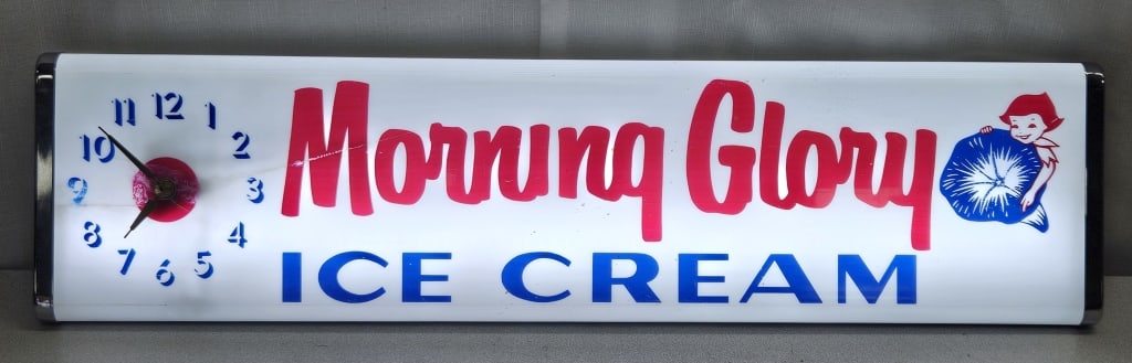 Morning Glory Ice Cream Lighted Sign w/ Clock: IMPORTANT NOTE: Please be advised that we offer reasonably priced in-house shipping, but you must select Arrange My Own Shipping as part of your post-auction invoice options. Morning Glory Ice Cream l