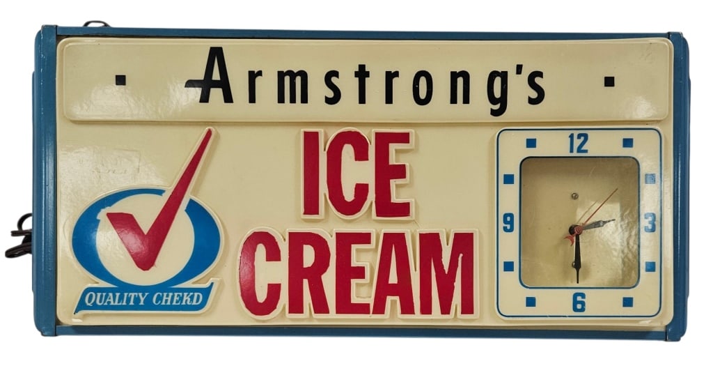 Vintage Armstrongs Ice Cream Parlor Light w/ Clock: IMPORTANT NOTE: Please be advised that we offer reasonably priced in-house shipping, but you must select Arrange My Own Shipping as part of your post-auction invoice options. Vintage Armstrong's Ice C