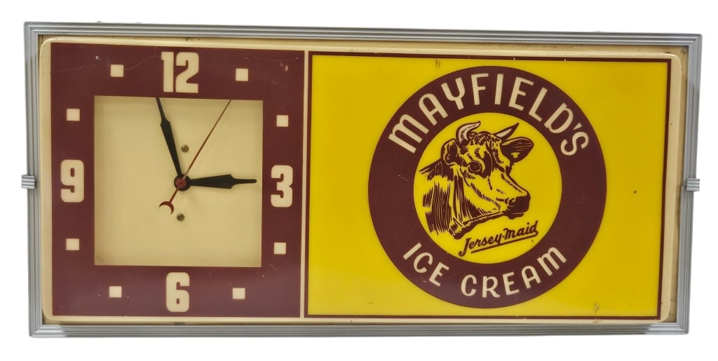 Vintage Mayfield's Ice Cream Lighted Sign w/ Clock: IMPORTANT NOTE: Please be advised that we offer reasonably priced in-house shipping, but you must select Arrange My Own Shipping as part of your post-auction invoice options. Mayfield's Ice Cream "Jer