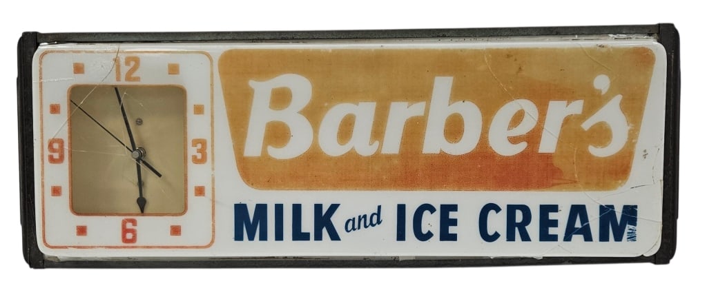 Vintage Barber's Milk & Ice Cream Light Sign Clock: IMPORTANT NOTE: Please be advised that we offer reasonably priced in-house shipping, but you must select Arrange My Own Shipping as part of your post-auction invoice options. Vintage Barber's Milk & I