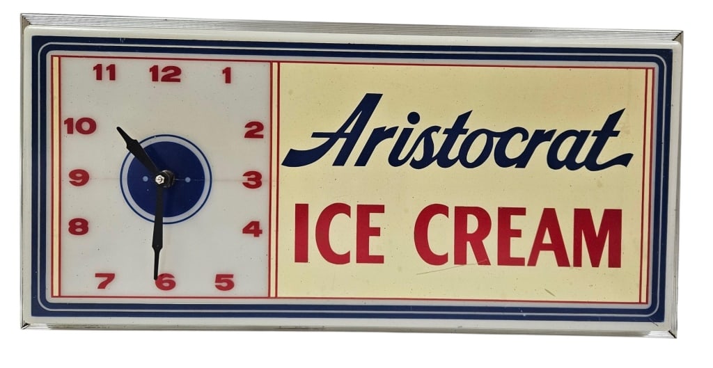 Vintage Aristocrat Ice Cream Lighted Sign w/ Clock: IMPORTANT NOTE: Please be advised that we offer reasonably priced in-house shipping, but you must select Arrange My Own Shipping as part of your post-auction invoice options. Aristocrat Ice Cream ligh