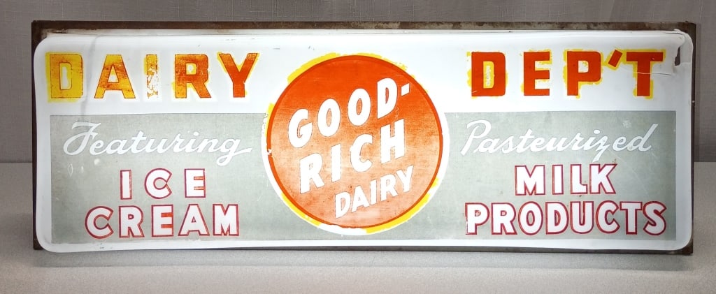 Vintage Good Rich Dairy Dept Lighted Store Sign: IMPORTANT NOTE: Please be advised that we offer reasonably priced ?in-house shipping,? but you must select ?Arrange My Own Shipping? as part of your post-auction invoice options. Rare vintage Goodrich