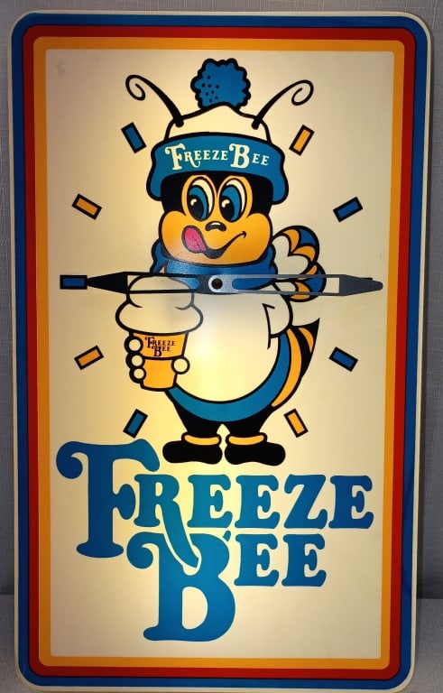Vintage Freeze Bee Ice Cream Lighted Clock Sign: IMPORTANT NOTE: Please be advised that we offer reasonably priced ?in-house shipping,? but you must select ?Arrange My Own Shipping? as part of your post-auction invoice options. Vintage Freeze Bee Ic