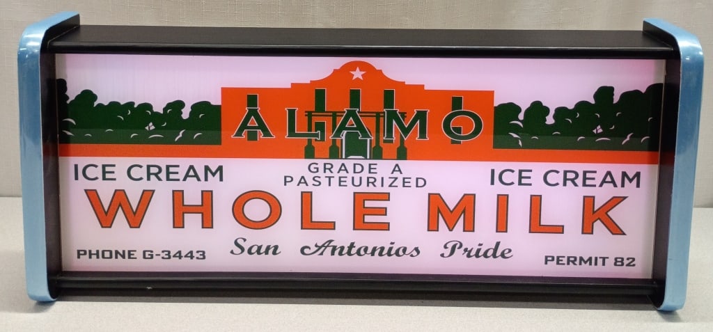 Retro Style Alamo Milk & Ice Cream Light Box Sign: IMPORTANT NOTE: Please be advised that we offer reasonably priced in-house shipping, but you must select Arrange My Own Shipping as part of your post-auction invoice options. Retro-style advertising.