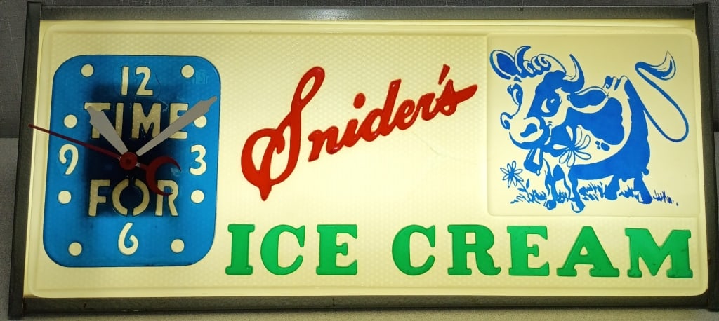 Snider's Ice Cream Embossed Light Sign w/ Clock: IMPORTANT NOTE: Please be advised that we offer reasonably priced ?in-house shipping,? but you must select ?Arrange My Own Shipping? as part of your post-auction invoice options. Vintage Snider's Ice