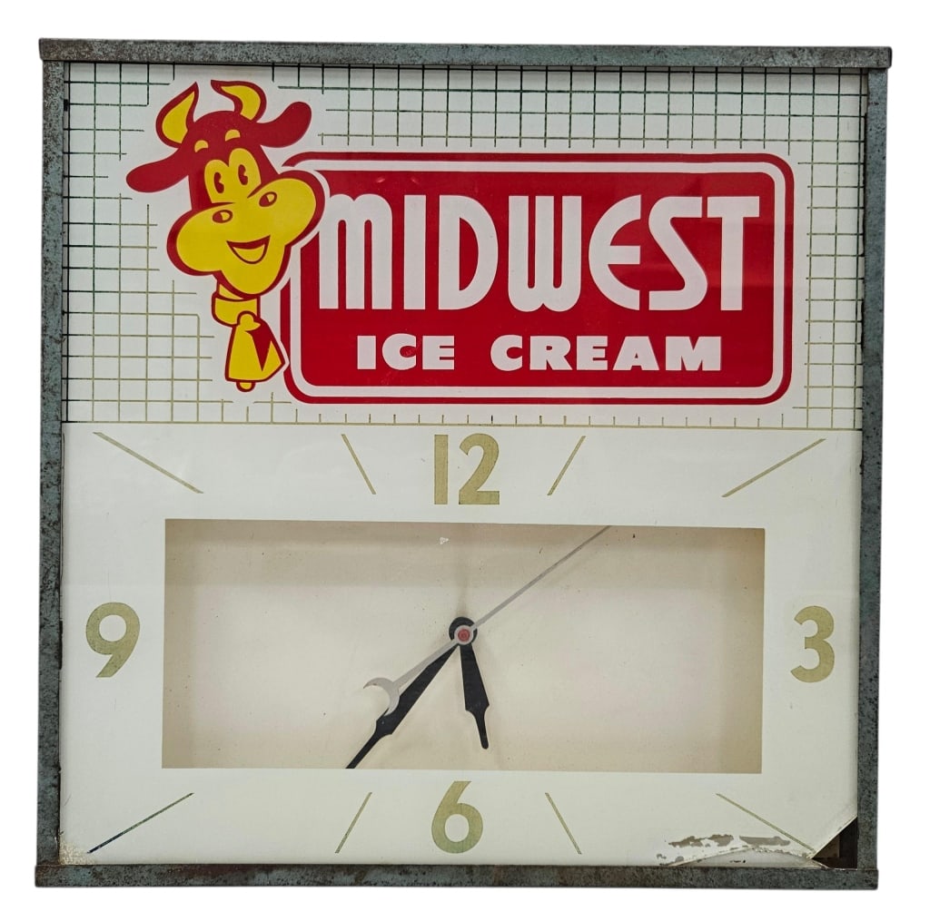 Vintage Midwest Ice Cream Lighted Clock Sign: IMPORTANT NOTE: Please be advised that we offer reasonably priced in-house shipping, but you must select Arrange My Own Shipping as part of your post-auction invoice options. Vintage Midwest Ice Cream