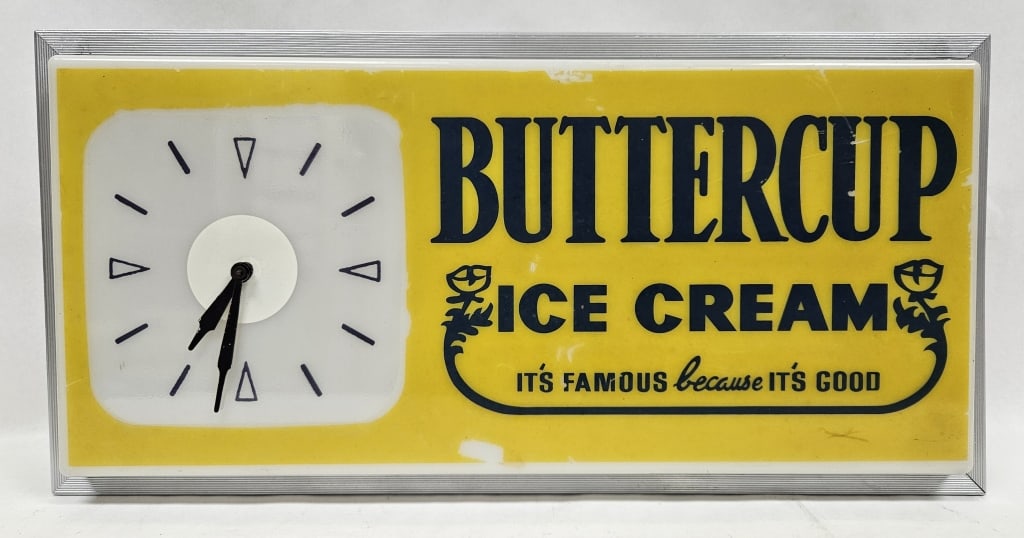 Buttercup Ice Cream Lighted Store Sign w/ Clock: IMPORTANT NOTE: Please be advised that we offer reasonably priced ?in-house shipping,? but you must select ?Arrange My Own Shipping? as part of your post-auction invoice options. Buttercup Ice Cream "