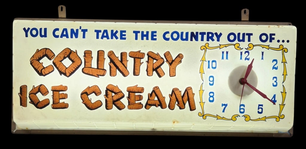 Vintage Country Ice Cream Lighted Sign w/ Clock: IMPORTANT NOTE: Please be advised that we offer reasonably priced ?in-house shipping,? but you must select ?Arrange My Own Shipping? as part of your post-auction invoice options. Vintage Country Ice C
