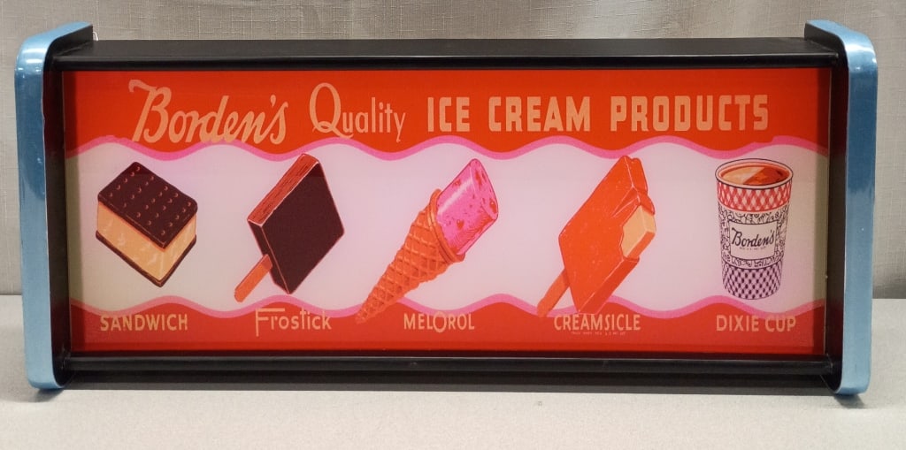 Retro Style Borden's Ice Cream Light Box Sign: IMPORTANT NOTE: Please be advised that we offer reasonably priced in-house shipping, but you must select Arrange My Own Shipping as part of your post-auction invoice options. Retro-style advertising.
