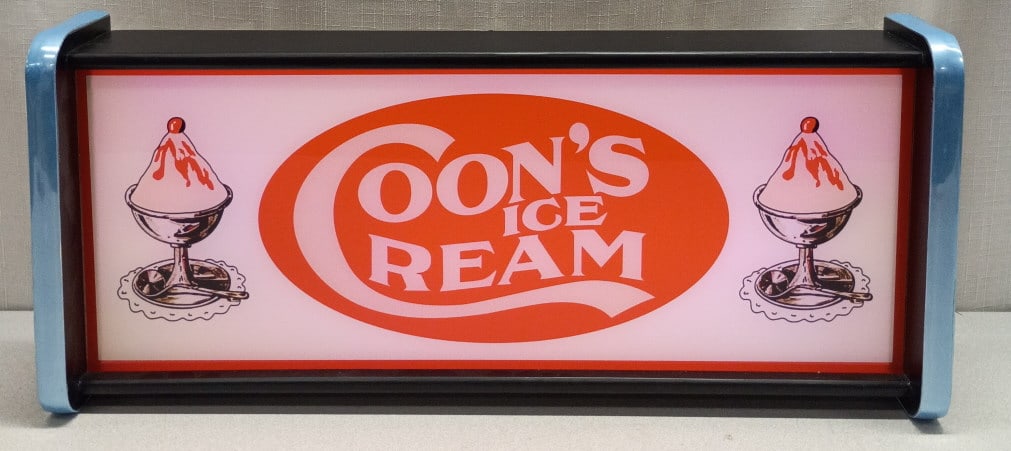 Retro Style Coon's Ice Cream Light Box Sign: IMPORTANT NOTE: Please be advised that we offer reasonably priced in-house shipping, but you must select Arrange My Own Shipping as part of your post-auction invoice options. Retro-style advertising.