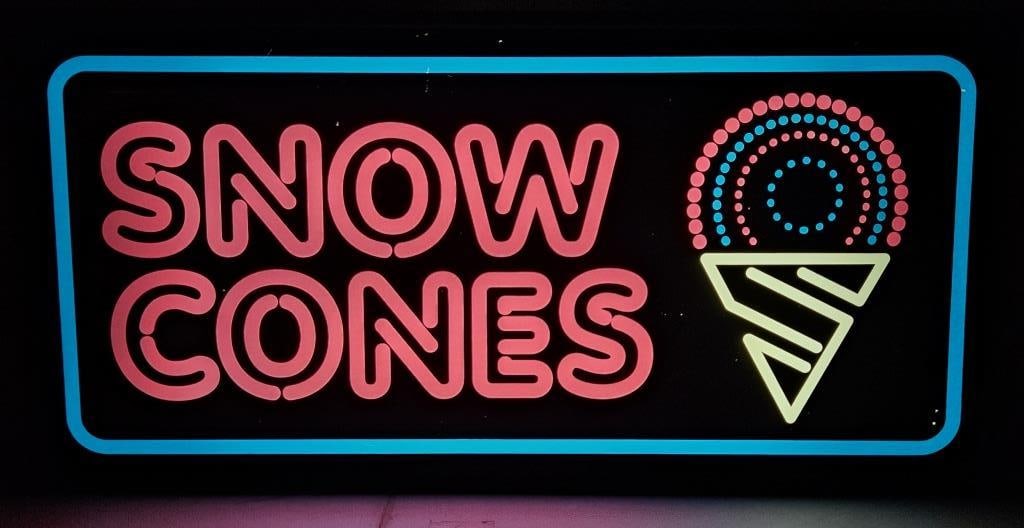 Neon-Style Snow Cones Light Box Sign: IMPORTANT NOTE: Please be advised that we offer reasonably priced in-house shipping, but you must select Arrange My Own Shipping as part of your post-auction invoice options. Neon-style Snow Cones lig