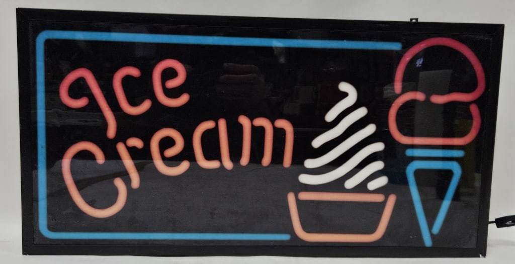 Neon-Style Ice Cream Light Box Sign: IMPORTANT NOTE: Please be advised that we offer reasonably priced in-house shipping, but you must select Arrange My Own Shipping as part of your post-auction invoice options. Neon-style Ice Cream ligh