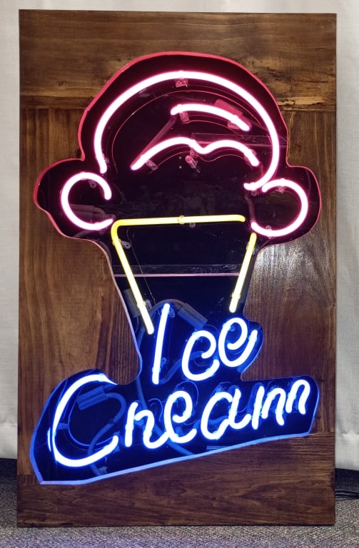 Large Neon Ice Cream Cone Display Wood Frame Box: IMPORTANT NOTE: Please be advised that we offer reasonably priced in-house shipping, but you must select Arrange My Own Shipping as part of your post-auction invoice options. Large neon ice cream cone