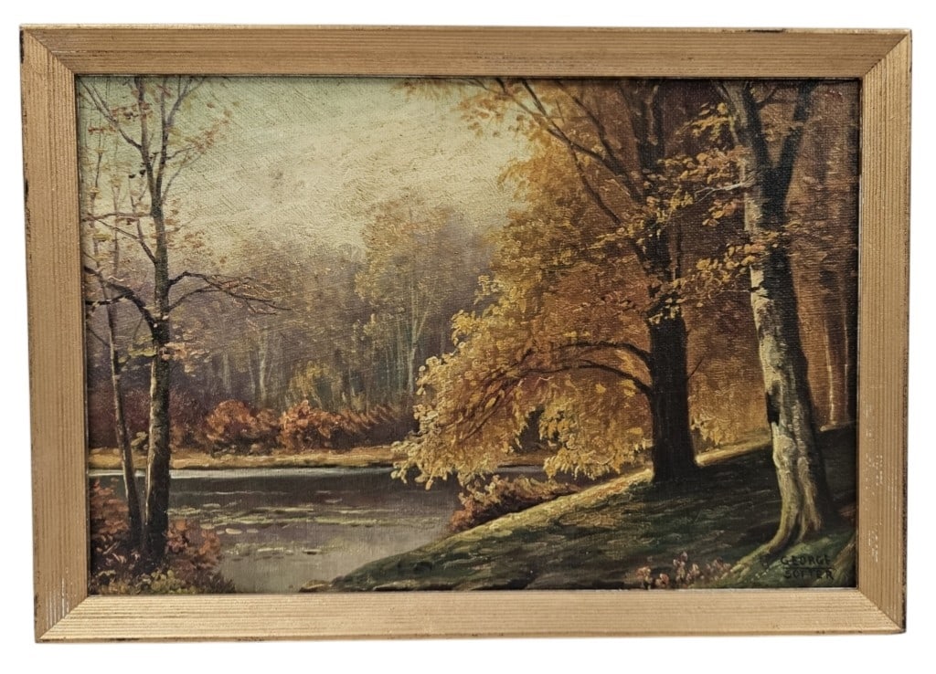 Small George Sotter Autumn Landscape Oil on Board: IMPORTANT NOTE: Please be advised that we offer reasonably priced in-house shipping, but you must select Arrange My Own Shipping as part of your post-auction invoice options. Small autumn landscape