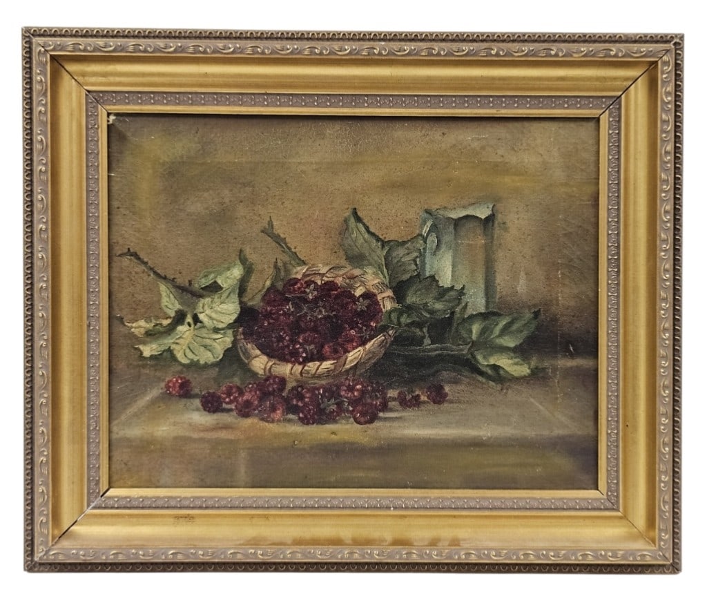 Antique Raspberries Still Life Oil Painting: IMPORTANT NOTE: Please be advised that we offer reasonably priced in-house shipping, but you must select Arrange My Own Shipping as part of your post-auction invoice options. Antique raspberries