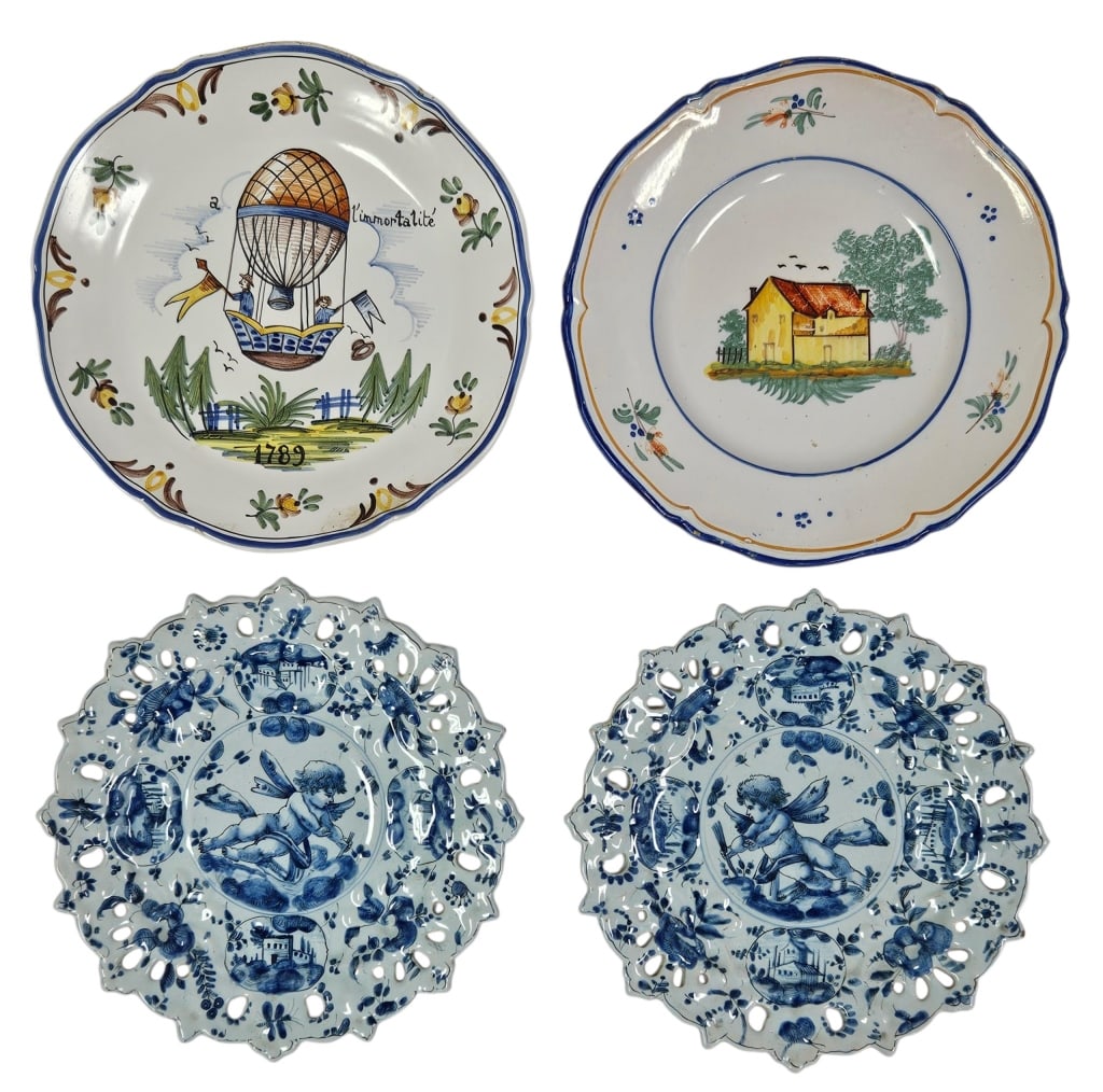 Italian & French Faience Plate Group: IMPORTANT NOTE: Please be advised that we offer reasonably priced in-house shipping, but you must select Arrange My Own Shipping as part of your post-auction invoice options. Lot includes two 9.5"