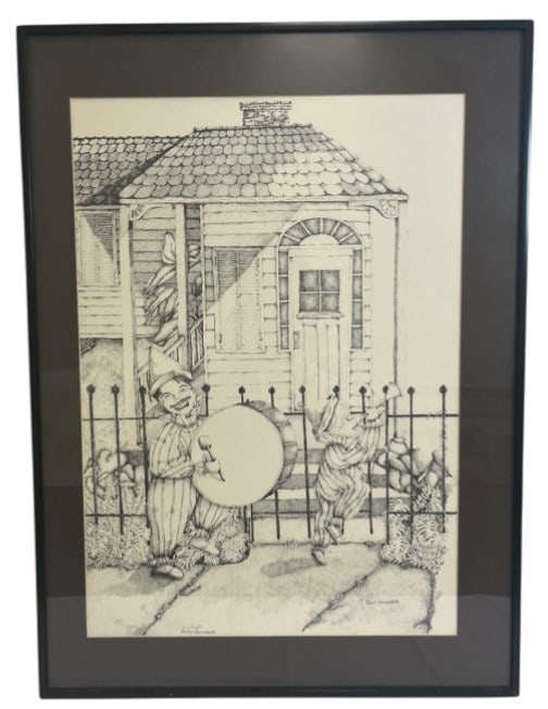 Emily Cammarata Print Happy Little Clowns: IMPORTANT NOTE: Please be advised that we offer reasonably priced in-house shipping, but you must select Arrange My Own Shipping as part of your post-auction invoice options. Framed pointillism print,