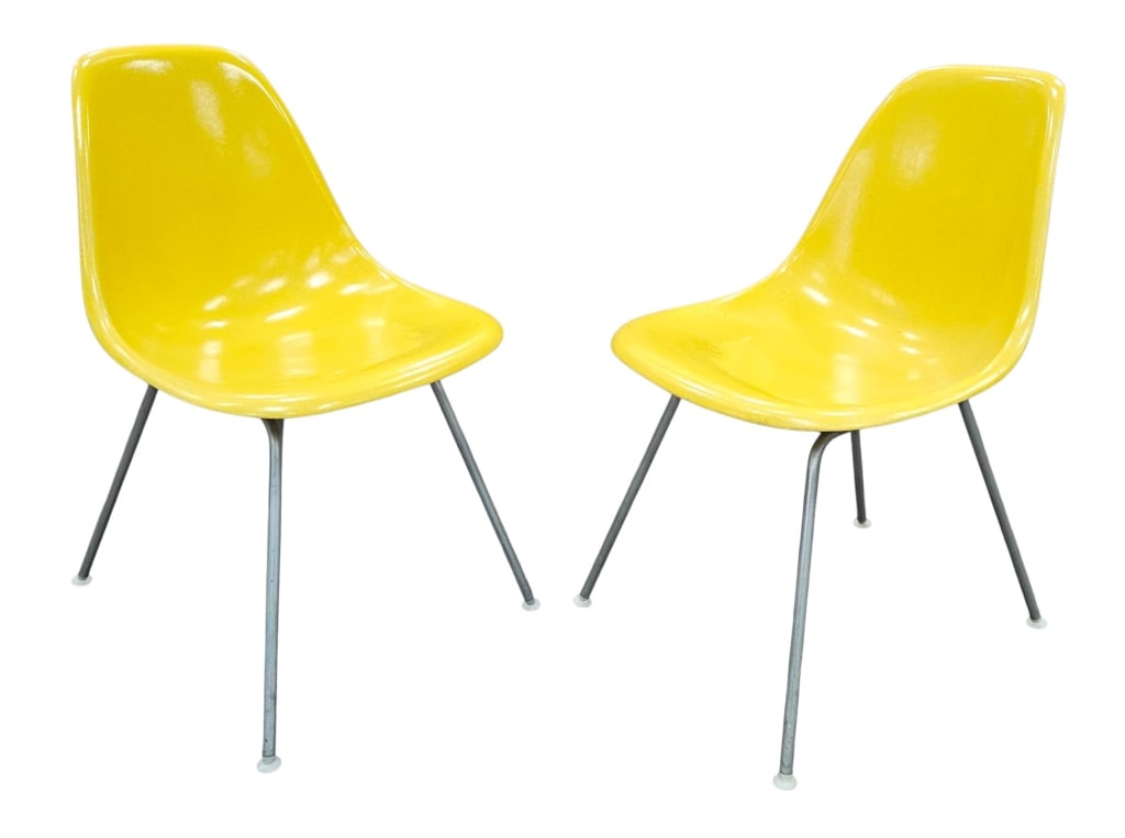 Eames Herman Miller Yellow Fiberglass Shell Chairs: IMPORTANT NOTE: Please be advised that we offer reasonably priced in-house shipping, but you must select Arrange My Own Shipping as part of your post-auction invoice options. Two vintage mid-century o