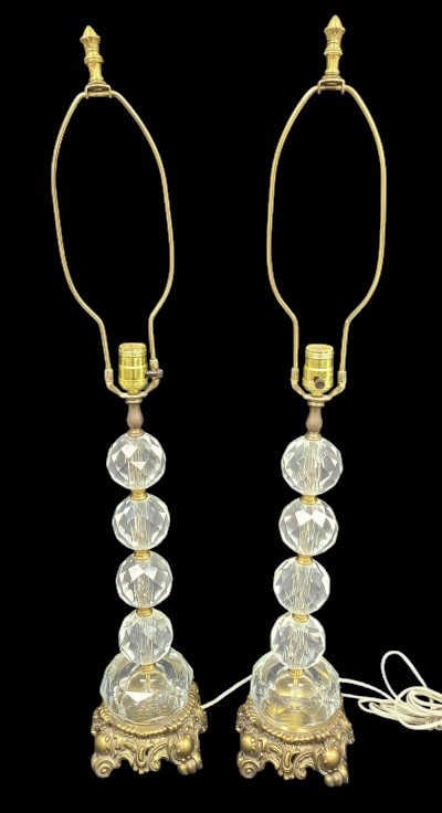 Pair of Vintage Crystal & Brass Lamps 37": IMPORTANT NOTE: Please be advised that we offer reasonably priced in-house shipping, but you must select Arrange My Own Shipping as part of your post-auction invoice options. One may need rewiring,