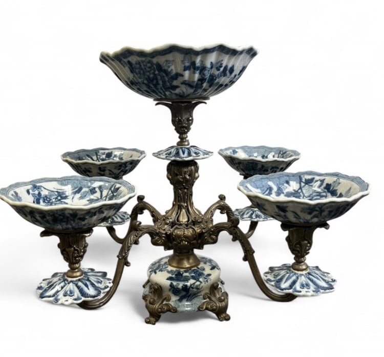 Art Nouveau Porcelain & Bronze Epergne Centerpiece: IMPORTANT NOTE: Please be advised that we offer reasonably priced in-house shipping, but you must select Arrange My Own Shipping as part of your post-auction invoice options. Art Nouveau porcelain
