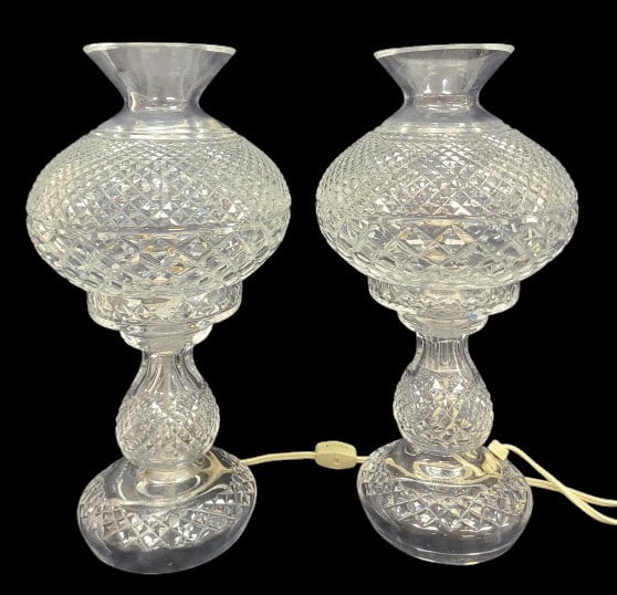 Pair of 14" Waterford Crystal Table Lamps: IMPORTANT NOTE: Please be advised that we offer reasonably priced in-house shipping, but you must select Arrange My Own Shipping as part of your post-auction invoice options. Comes in 2 pieces, marked