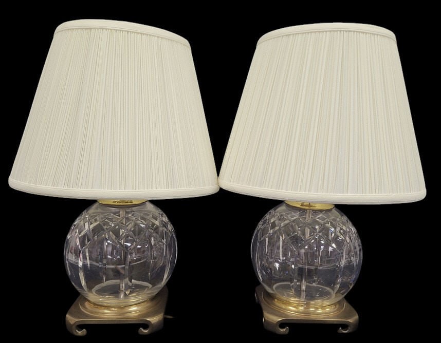 2 Brass & Waterford Crystal Lamps 17" w/ Shades: IMPORTANT NOTE: Please be advised that we offer reasonably priced in-house shipping, but you must select Arrange My Own Shipping as part of your post-auction invoice options. One has a piece of crysta