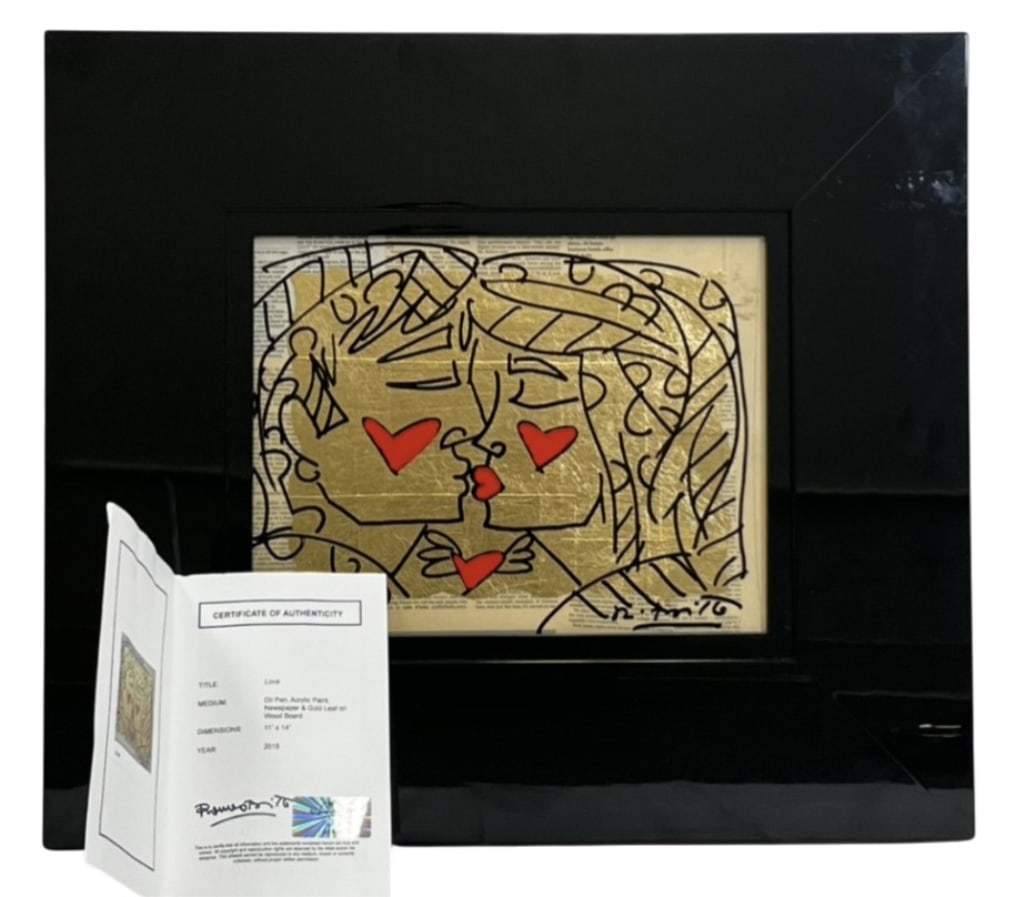 Romero Britto Mixed Media "Love" on Wood Board: IMPORTANT NOTE: Please be advised that we offer reasonably priced in-house shipping, but you must select Arrange My Own Shipping as part of your post-auction invoice options. "Love" by Romero Britto (