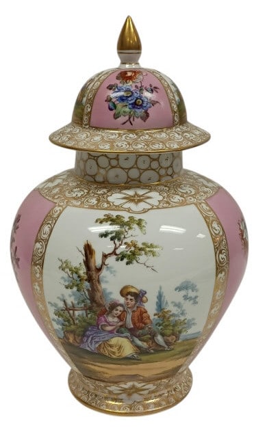 Helena Wolfsohn Dresden Porcelain Lidded Urn 12.5": IMPORTANT NOTE: Please be advised that we offer reasonably priced in-house shipping, but you must select Arrange My Own Shipping as part of your post-auction invoice options. No noticeable chips or cr