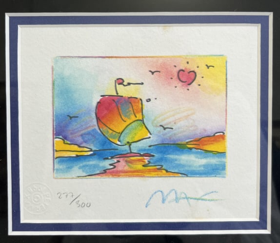 Peter Max LE Sailboat with Heart Print Hand Signed: IMPORTANT NOTE: Please be advised that we offer reasonably priced in-house shipping, but you must select Arrange My Own Shipping as part of your post-auction invoice options. Limited edition print, Sa