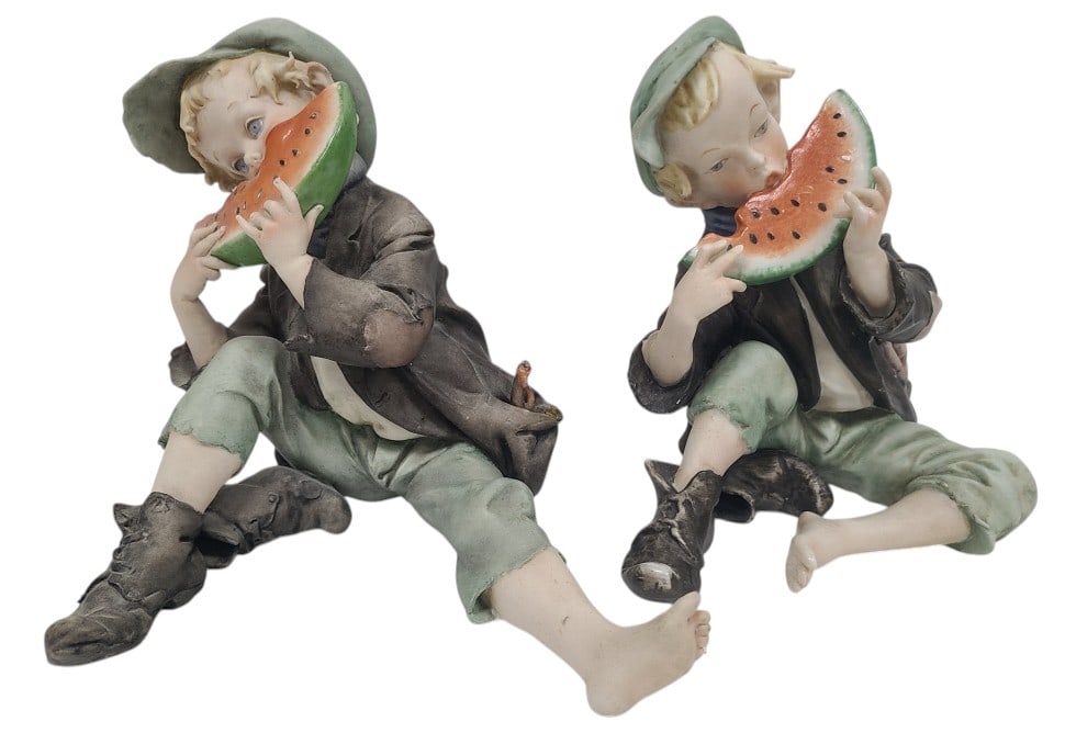 2 Vintage Capodimonte Boy Eating Watermelon Figure: IMPORTANT NOTE: Please be advised that we offer reasonably priced in-house shipping, but you must select Arrange My Own Shipping as part of your post-auction invoice options. Larger one is older, with